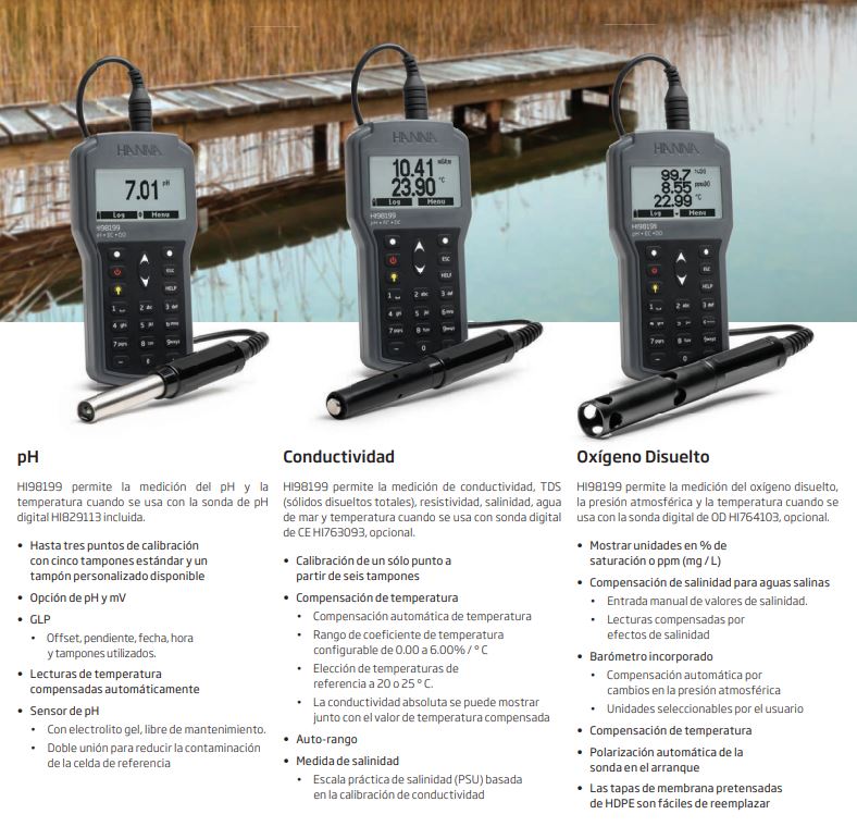 Comparativa de tres dispositivos multiparamétricos de Hanna Instruments para medición de pH, conductividad y oxígeno disuelto, con sus respectivas sondas. Imagen presentada en un entorno natural junto a un muelle